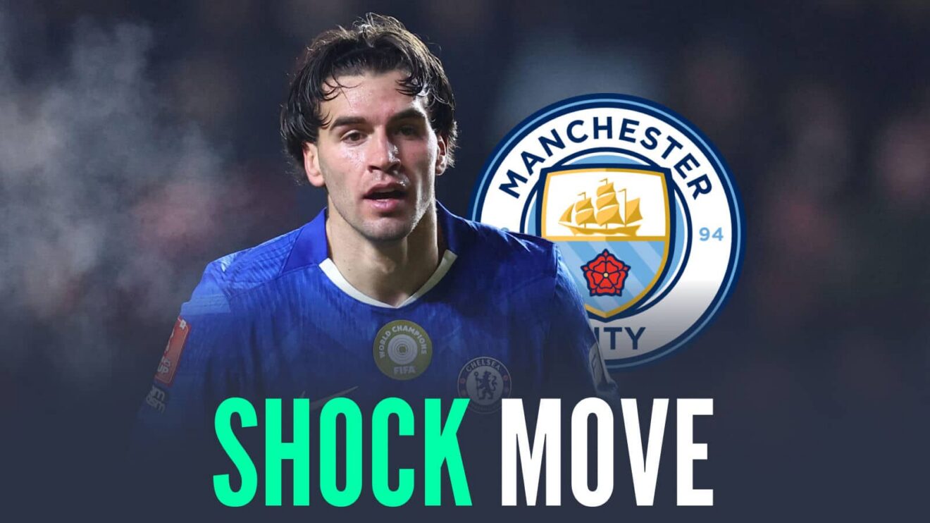 Chelsea striker Marc Guiu next to the Manchester City badge and the words 'shock move'