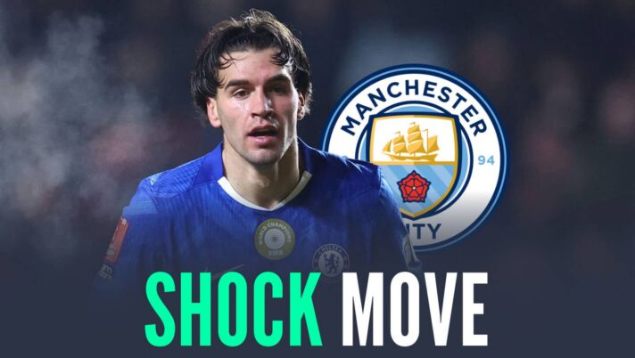 Chelsea striker Marc Guiu next to the Manchester City badge and the words 'shock move'