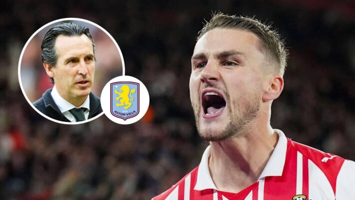 Southampton defender Taylor Harwood-Bellis and, inset, Aston Villa manager Unai Emery next to the club badge