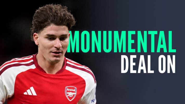 Atletico Madrid striker Julian Alvarez with an Arenal shirt Photoshopped on him and the words 'monumental deal on'