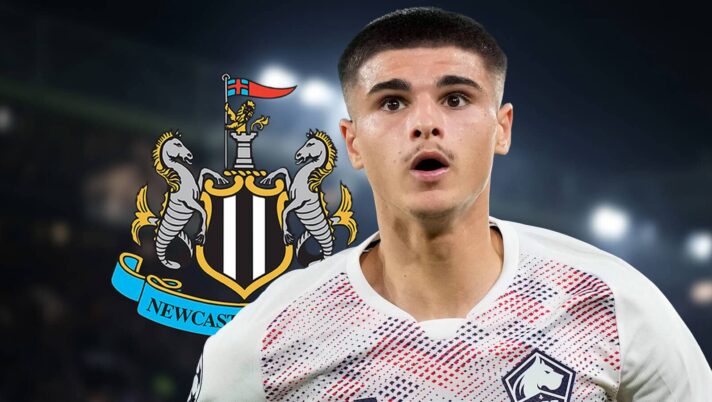 Lille star Matias Fernandez-Pardo next to the Newcastle United badge