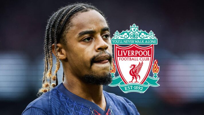 PSG star Bradley Barcola next to the Liverpool badge
