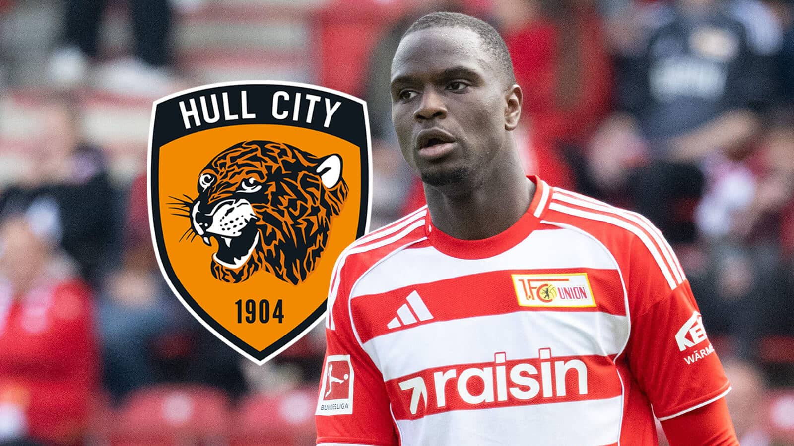 Union Berlin striker Ilyas Ansah next to the Hull City badge