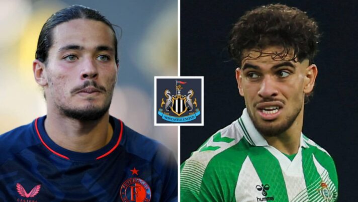 Feyenoord's Anis Hadj Moussa and Abde Ezzalzouli of Real Betis next to the Newcastle United badge