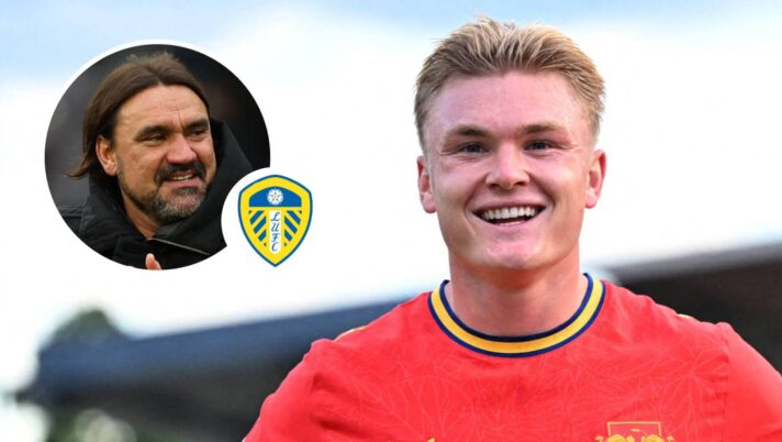 RB Leipzig striker Conrad Hardar is wanted by Daniel Farke, inset, seen here next to the Leeds United badge
