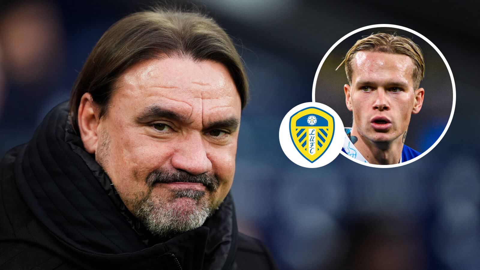 Leeds United manager Daniel Farke and, inset, Chelsea star Mykhailo Mudryk next to the club badge
