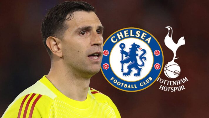 Emiliano Martinez with Chelsea and Tottenham badges