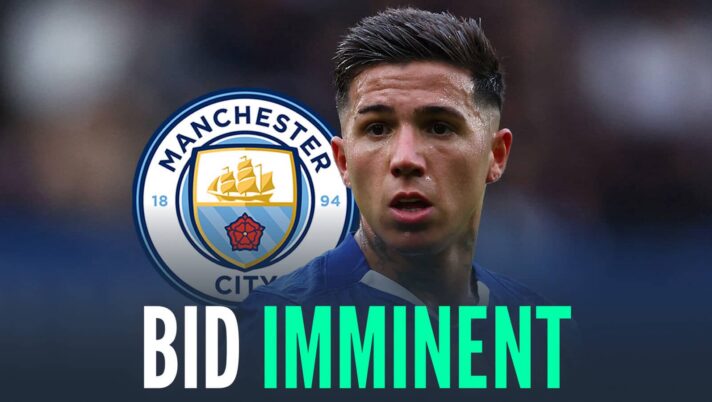 Chelsea star Enzo Fernandez, with Man City badge and caption: Bid imminent