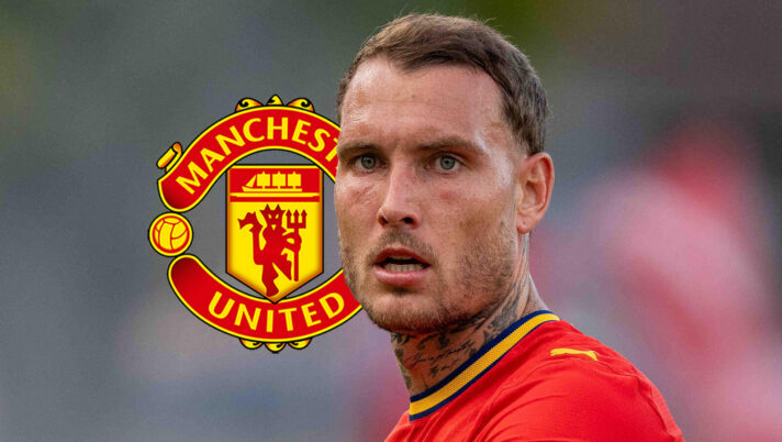 RB Leipzig star David Raum next to the Manchester United badge