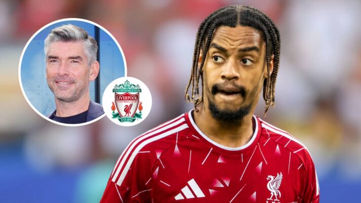PSG star Bradley Barcola with a Liverpool shirt Photoshopped on him and with Richard Hughes alongside the Liverpool badge, inset