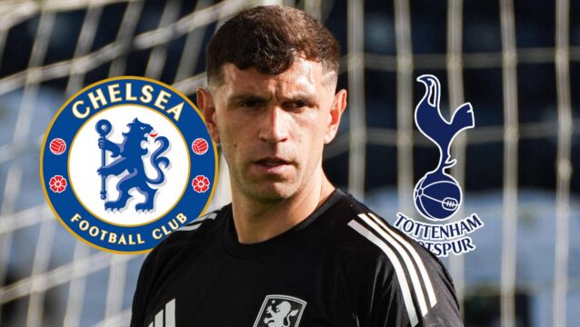 Emi Martinez with Chelsea and Tottenham badges