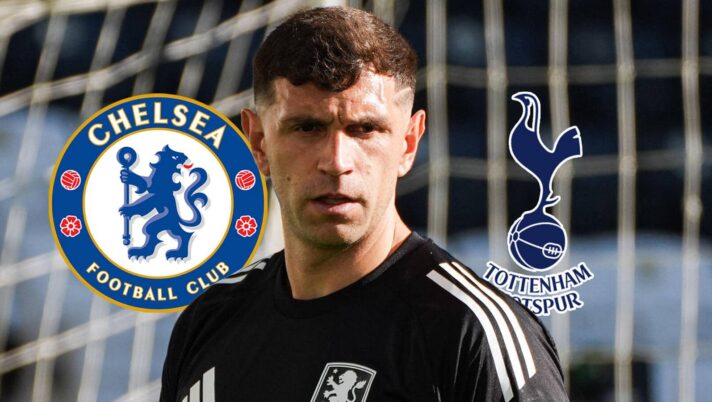 Emi Martinez with Chelsea and Tottenham badges