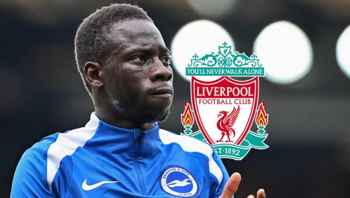 Brighton star Yankuba Minteh next to the Liverpool badge
