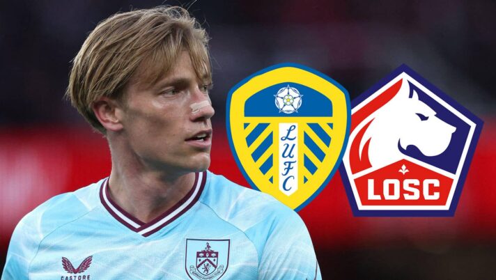 Burnley striker Zian Flemming next to the badges of Leeds United and Lille