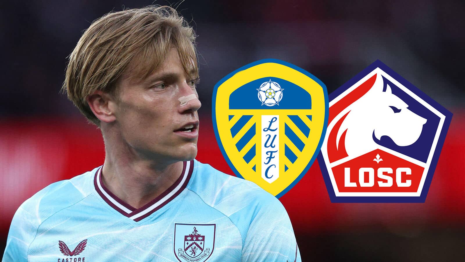 Burnley striker Zian Flemming next to the badges of Leeds United and Lille