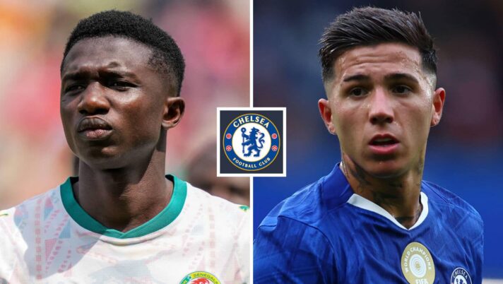 Monaco and Senegal midfielder Lamine Camara next to Enzo Fernandez and the Chelsea badge