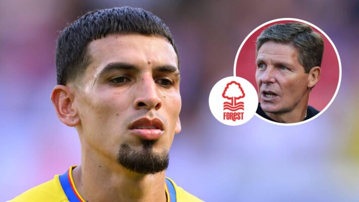 Crystal Palace star Daniel Munoz next to, inset, Oliver Glasner next to the Nottingham Forest badge
