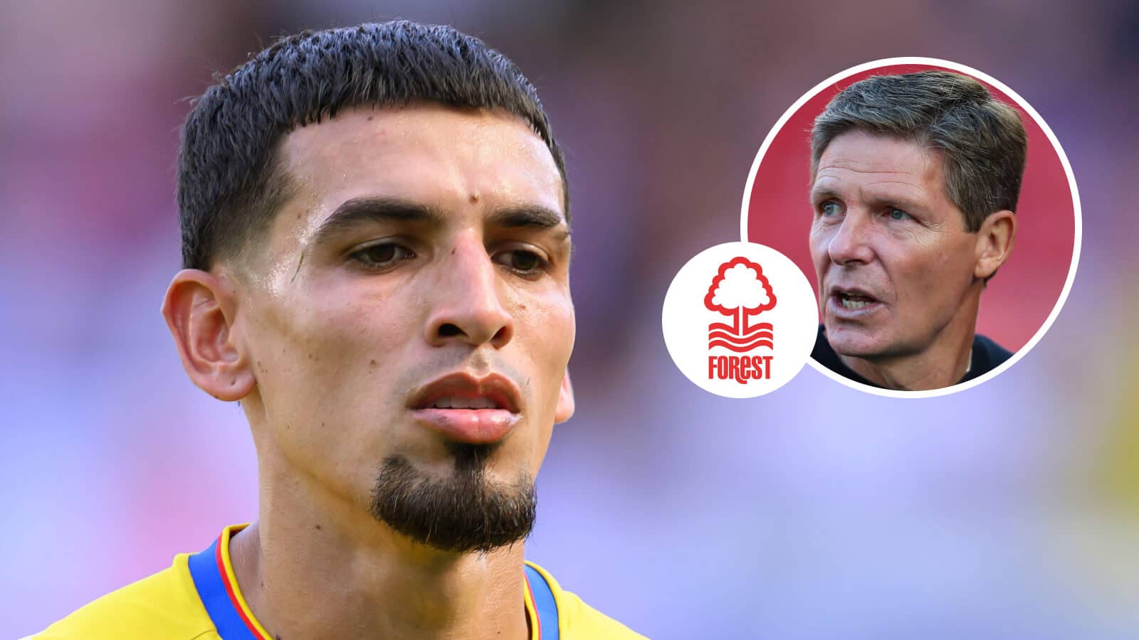 Crystal Palace star Daniel Munoz next to, inset, Oliver Glasner next to the Nottingham Forest badge