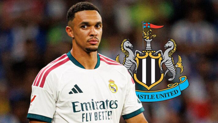 Real Madrid star Trent Alexander-Arnold next to the Newcastle United badge