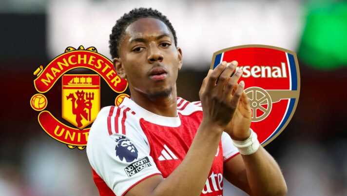 Manchester United badge, Myles Lewis-Skelly and Arsenal badge - copyright TEAMtalk