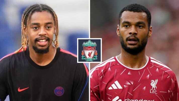 Split image of PSG winger Bradley Barcola and Liverpool winger Cody Gakpo with the Liverpool badge in between - copyright TEAMtalk