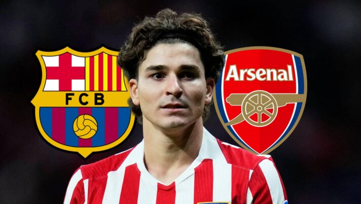 Barcelona badge, Atletico Madrid striker Julian Alvarez and Arsenal badge - copyright TEAMtalk