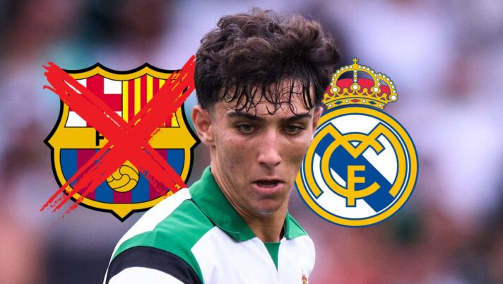 Crossed out Barcelona badge, Racing Santander midfielder Sergio Martinez and Real Madrid badge - copyright TEAMtalk