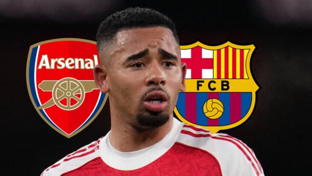 Arsenal badge, Gabriel Jesus and Barcelona badge - copyright TEAMtalk