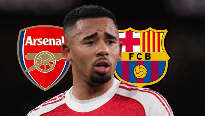 Arsenal badge, Gabriel Jesus and Barcelona badge - copyright TEAMtalk