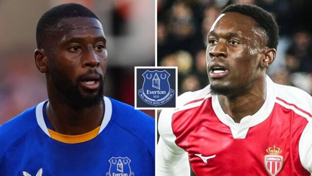 Everton striker Beto next to the club badge and Monaco's Folarin Balogun
