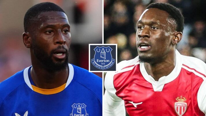 Everton striker Beto next to the club badge and Monaco's Folarin Balogun