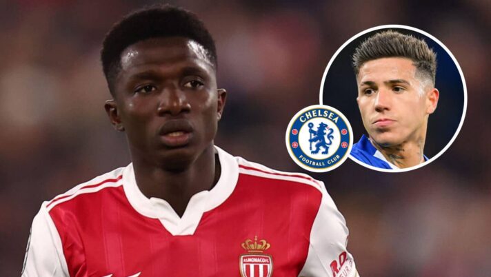 Monaco star Lamine Camara and, inset, Enzo Fernandez next to the Chelsea badge