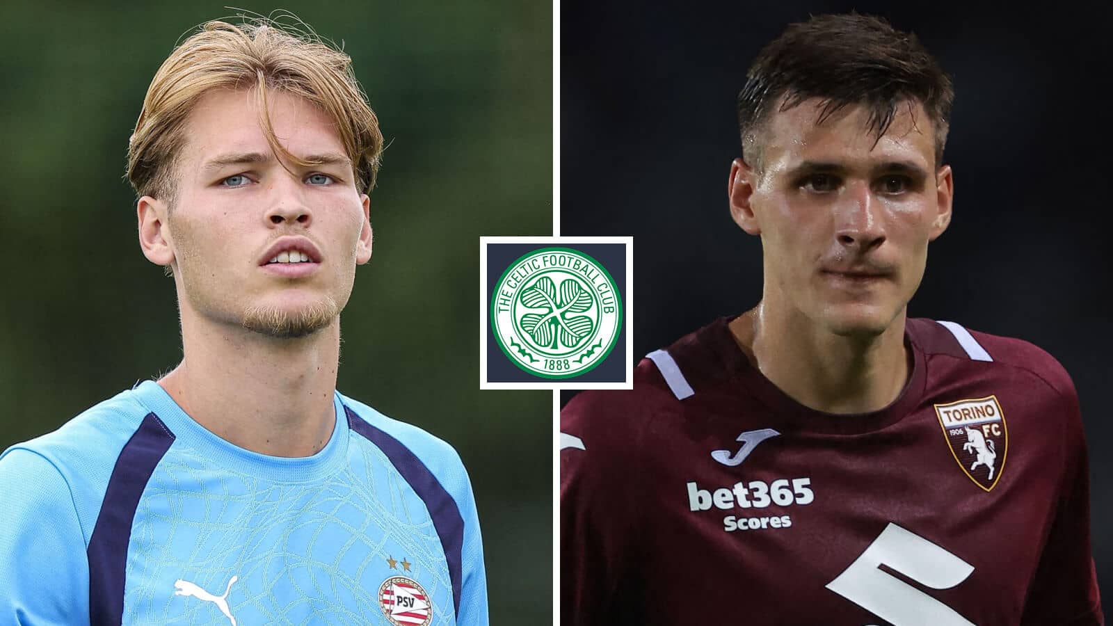 PSV Eindhoven's Joel van den Berg and Torino's Gvidas Gineitis next to the Celtic badge