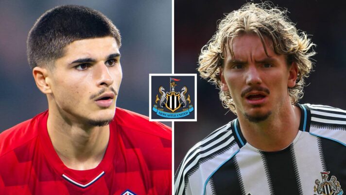 Lille star Matias Fernandez-Pardo and Newcastle United's Nick Woltemade either side of the Newcastle United badge