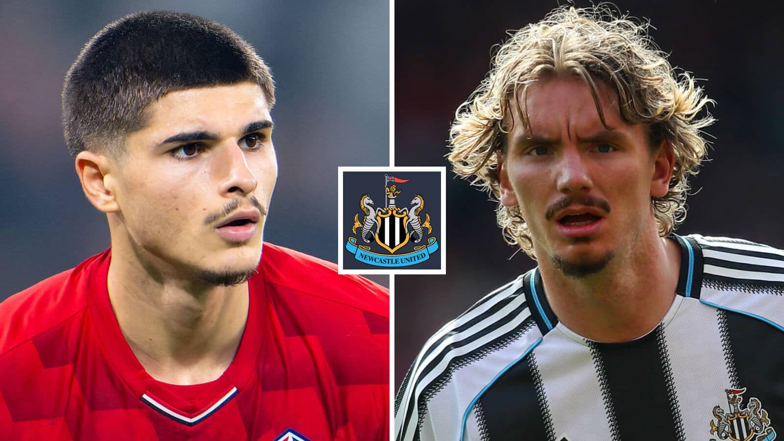 Lille star Matias Fernandez-Pardo and Newcastle United's Nick Woltemade either side of the Newcastle United badge