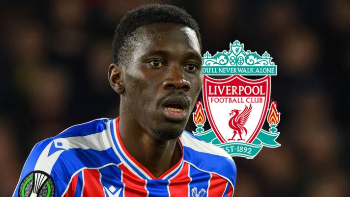 Crystal Palace winger Ismaila Sarr and Liverpool badge - copyright TEAMtalk