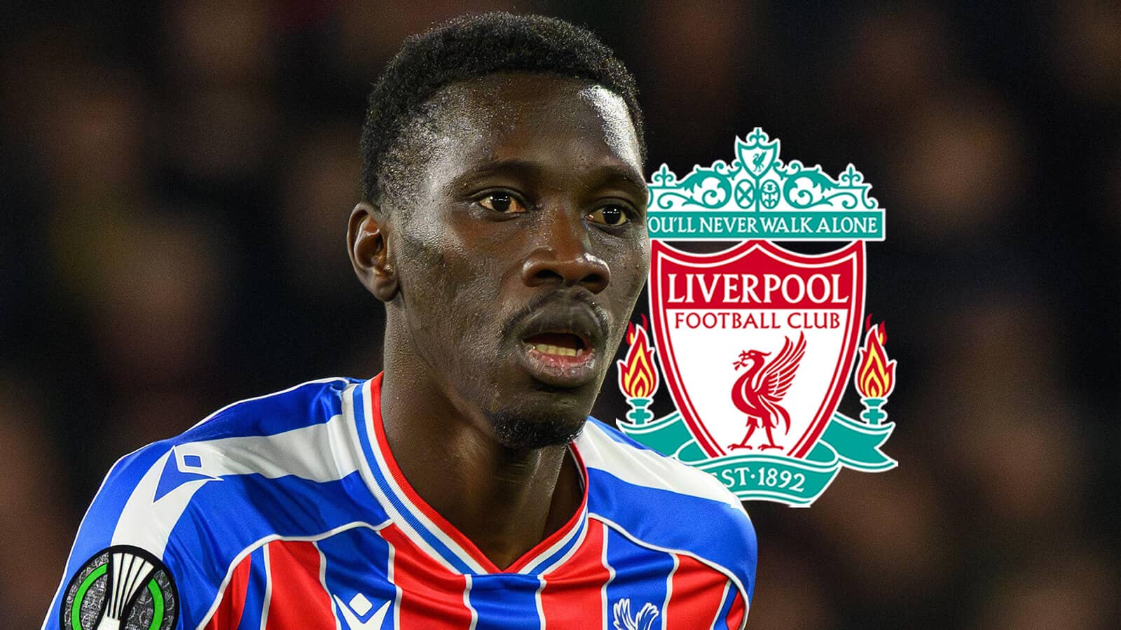 Crystal Palace winger Ismaila Sarr and Liverpool badge - copyright TEAMtalk