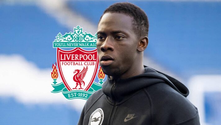 Brighton winger Yankuba Minteh next to the Liverpool badge