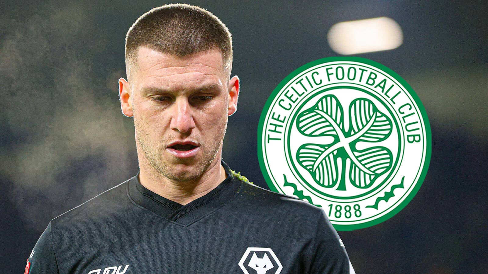Wolves keeper Sam Johnstone next to the Celtic badge