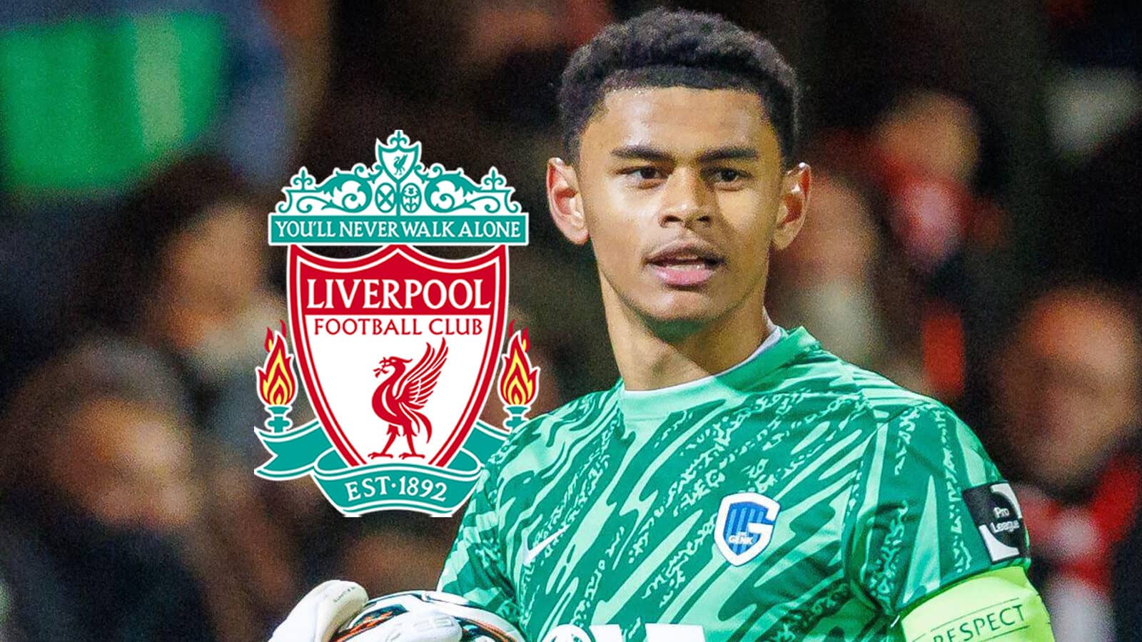Genk goalkeeper Lucca Brughmans next to the Liverpool badge