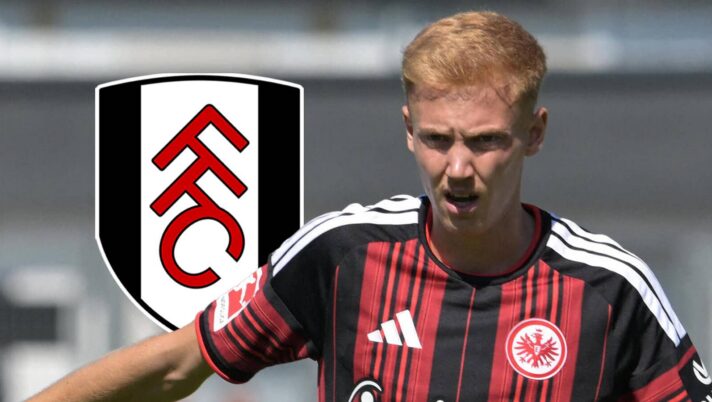 Eintracht Frankfurt star Hugo Larsson next to the Fulham badge
