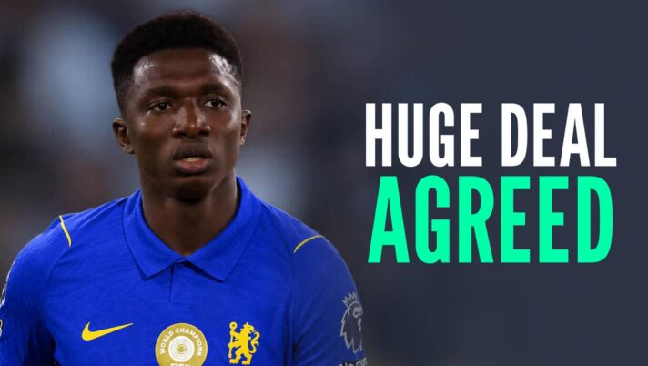 Monaco's Lamine Camara with a Chelsea shirt Photoshopped on him and the words 'hue deal agreed'