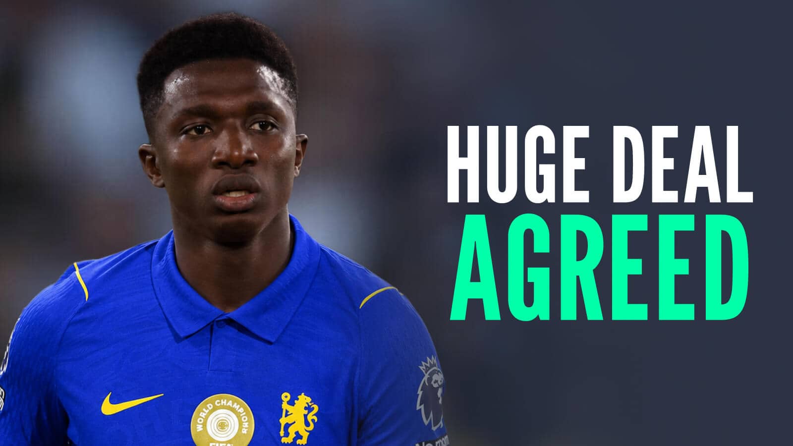 Monaco's Lamine Camara with a Chelsea shirt Photoshopped on him and the words 'hue deal agreed'