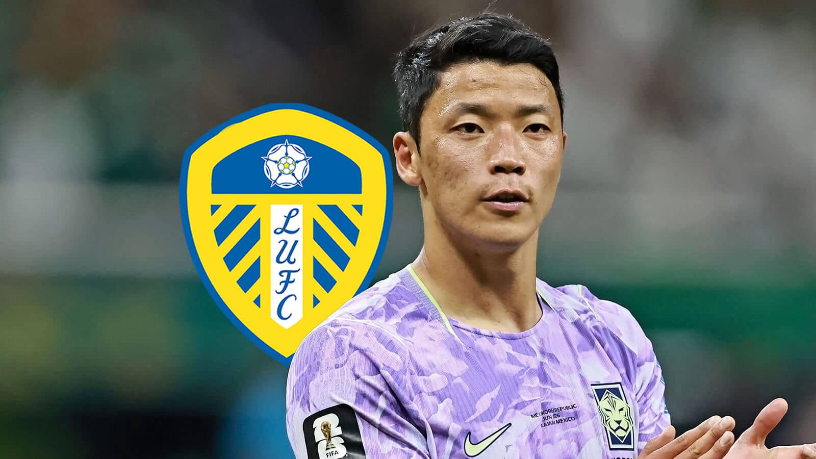 Wolves striker Hwang Hee-chan next to the Leeds United badge