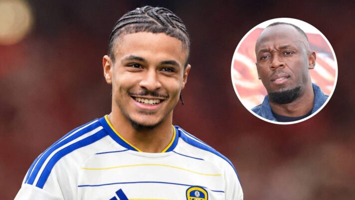 Jean-Mattéo Bahoya with a Leeds United shirt Photoshopped on him and, inset, Jamaican sprint legend Usain Bolt