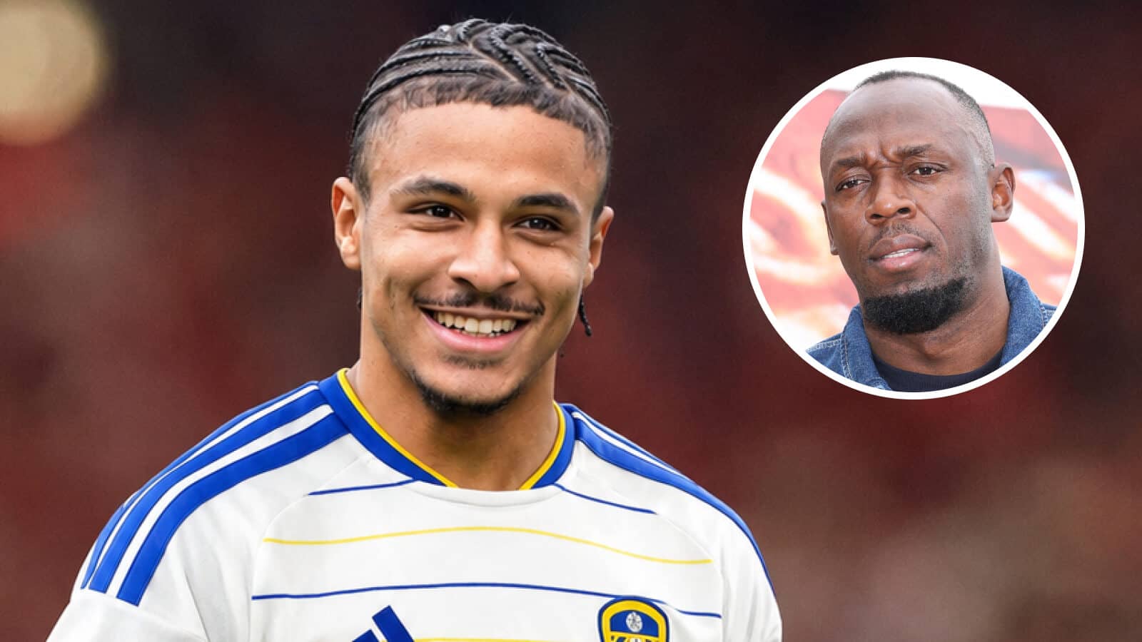 Jean-Mattéo Bahoya with a Leeds United shirt Photoshopped on him and, inset, Jamaican sprint legend Usain Bolt