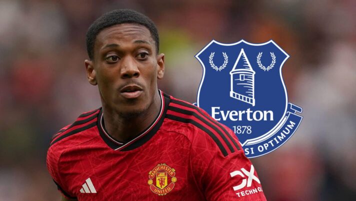 Anthony Martial with an Everton badge