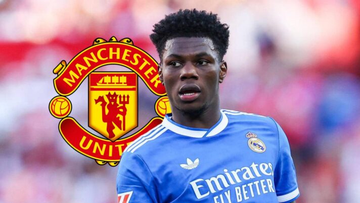 Manchester United badge and Real Madrid midfielder Aurelien Tchouameni - copyright TEAMtalk