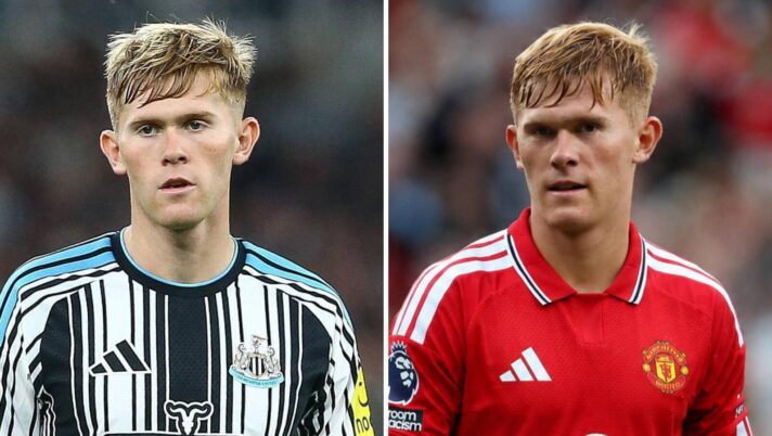 Newcastle United star Lewis Hall and the same player with a Manchester United shirt Photoshopped on him