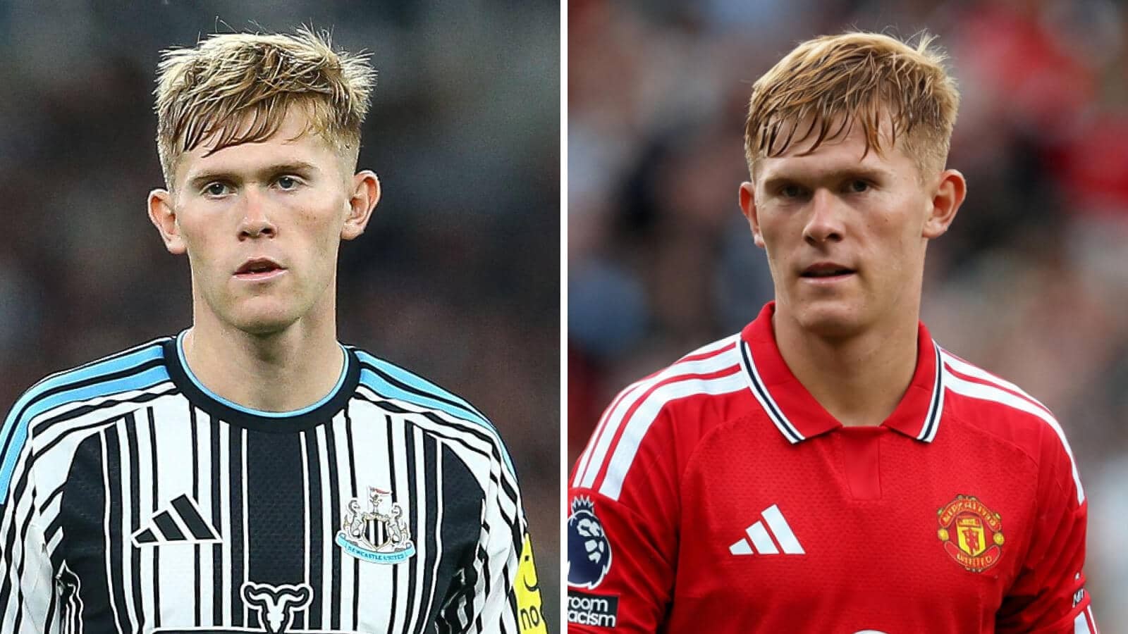 Newcastle United star Lewis Hall and the same player with a Manchester United shirt Photoshopped on him